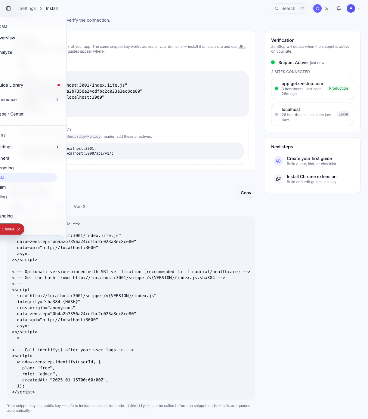 Install page showing your snippet key