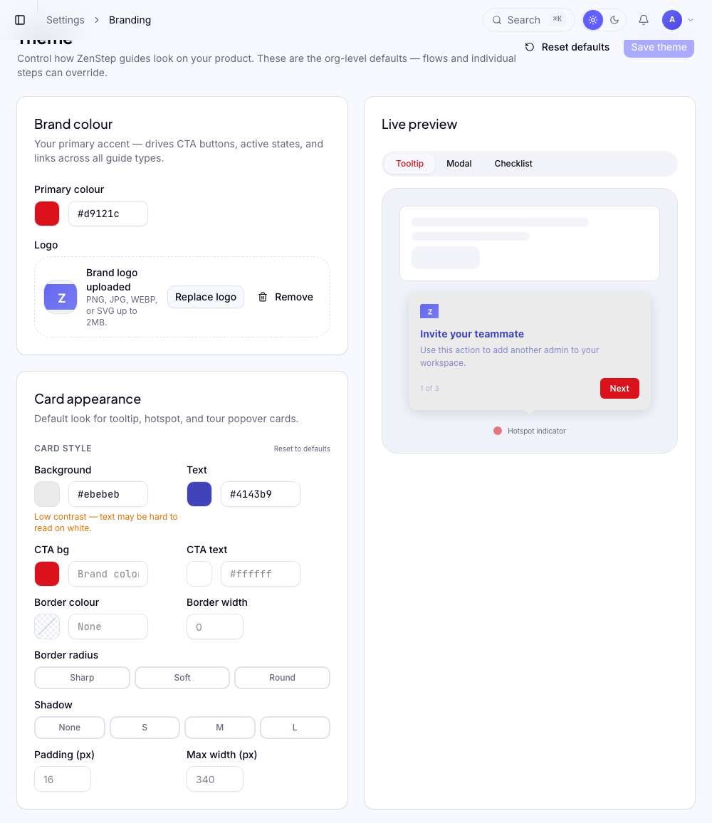Settings Branding page showing colour picker, logo upload, and typography controls