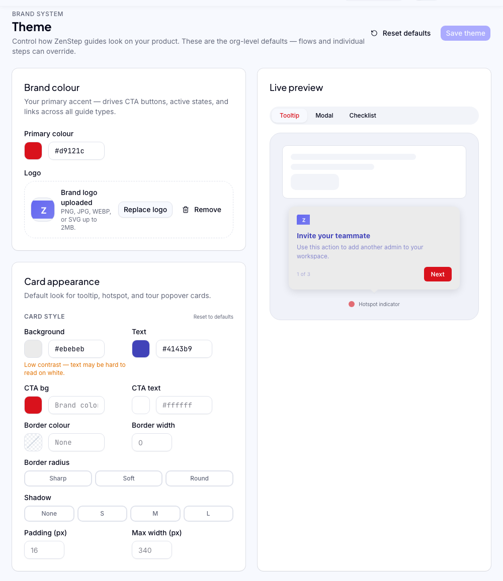 Live preview of a tooltip card updating as brand colours change