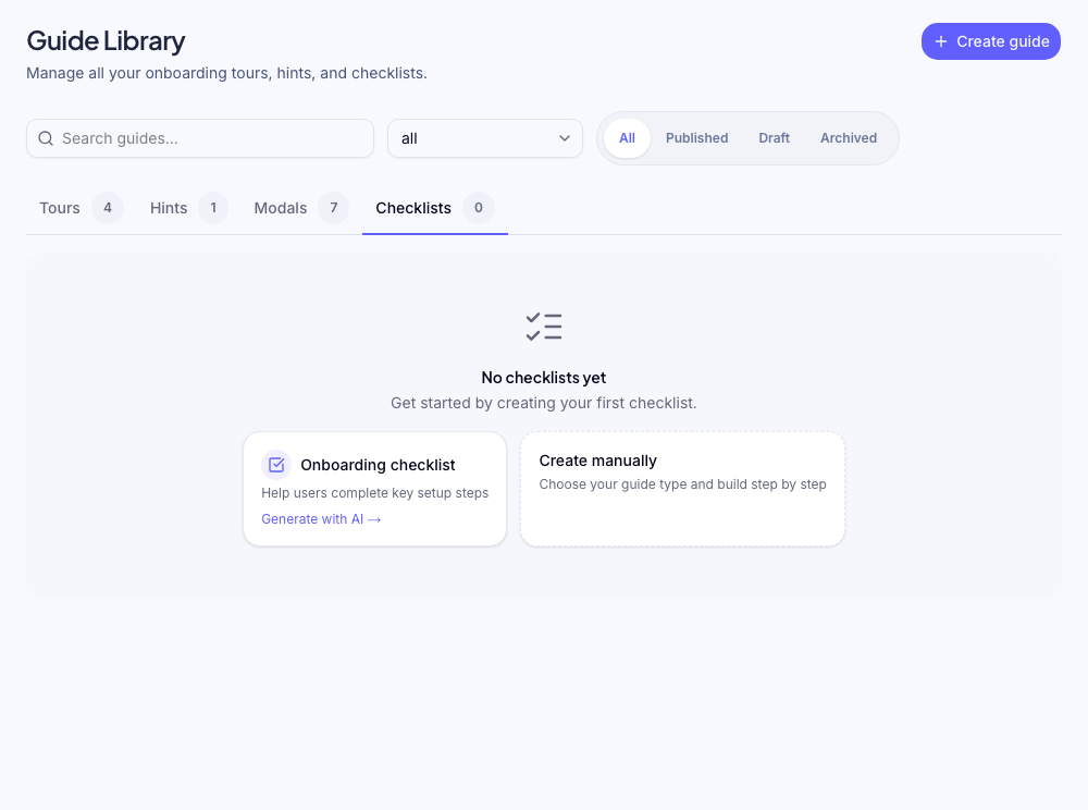 Checklist builder showing task list, completion triggers, and action type selector
