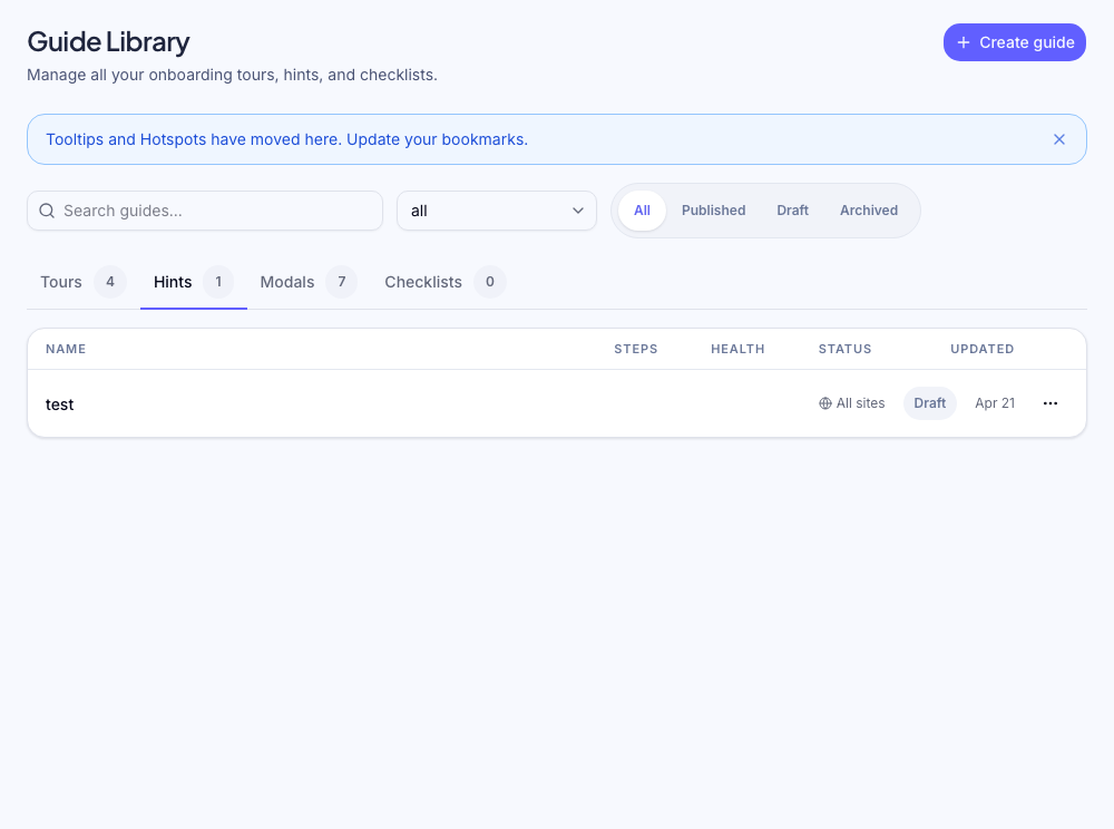 Pulsing hotspot beacon on a UI element with tooltip revealed on hover