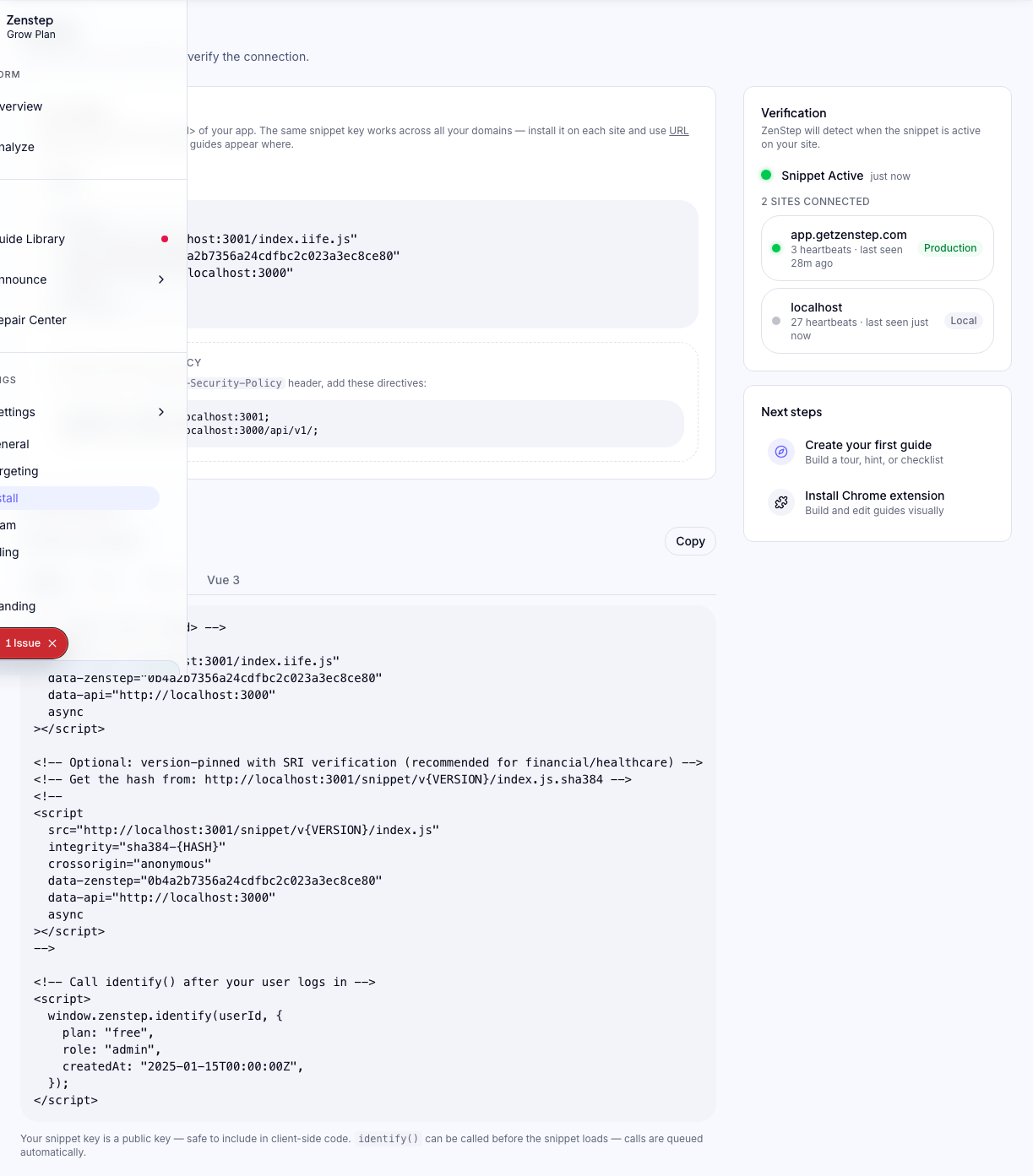 Dashboard showing green Snippet Detected status