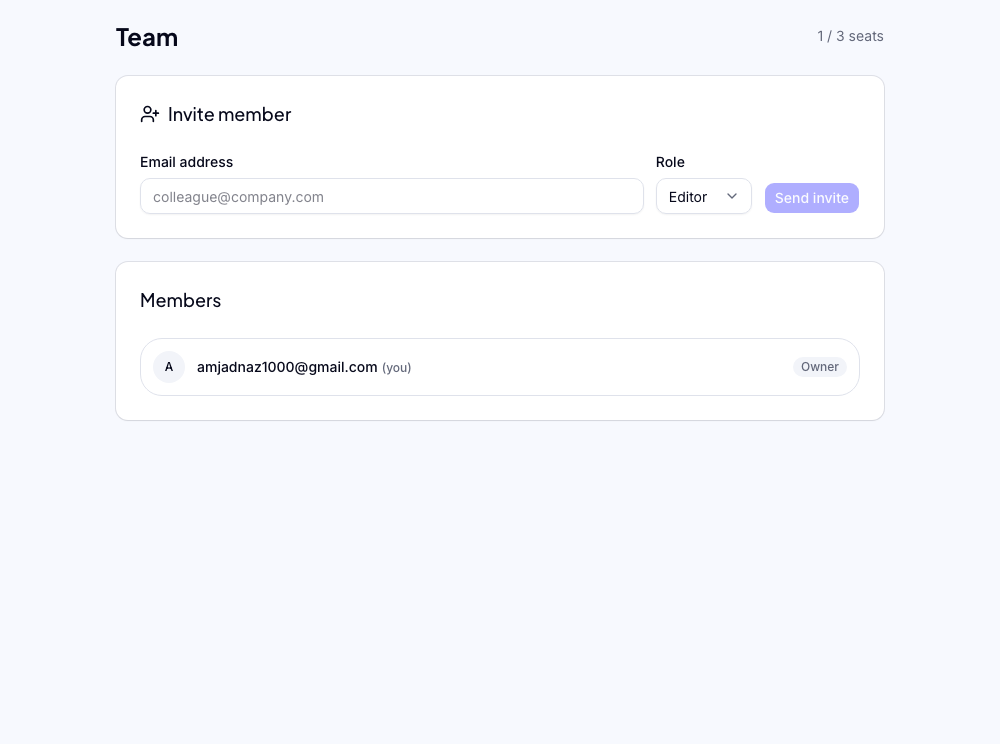 Settings Team page showing the Invite Member button and form